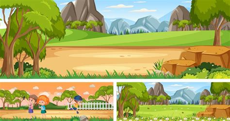 Set Of Outdoor Panoramic Landscape With Cartoon Character 2722946