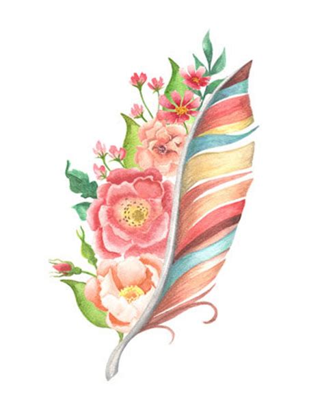 Flowers Feather Watercolor Art Digital File 85x11 Etsy