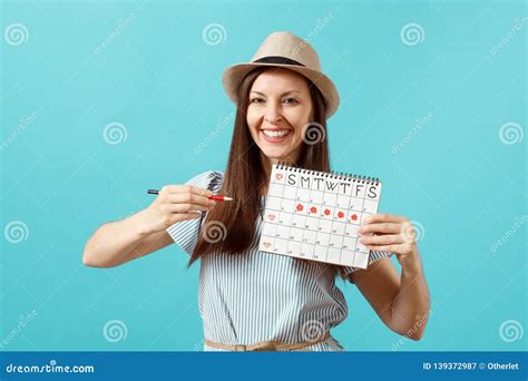 Portrait Of Happy Woman In Blue Dress Hat Holding Red Pencil Female