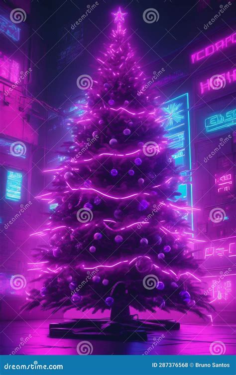 Glowing Decorated Neon Christmas Tree Xmas Wallpaper Stock