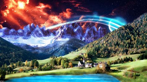 2932x1632 Blue Sky Landscape Mountain Village Wallpaper