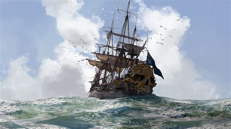 Hd Wallpaper Galleon On Sea Painting Video Games Skull And Bones