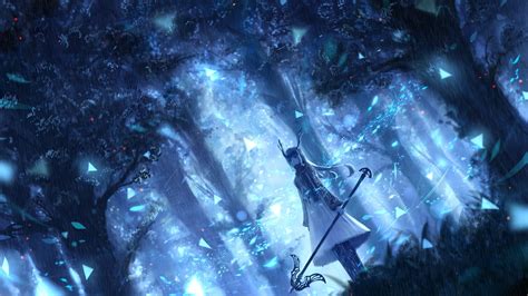 Download 3840x2160 Anime Girl Magical Staff Blue Forest
