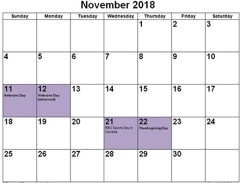 Holiday Canada 2018 November 2018 Calendar Holiday Calendar