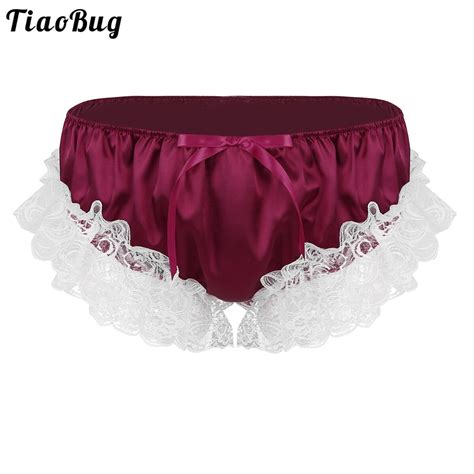 Tiaobug Mens Shiny Soft Ruffled Floral Lace Satin Lingerie Low Rise Stretchy Sissy Bikini Briefs