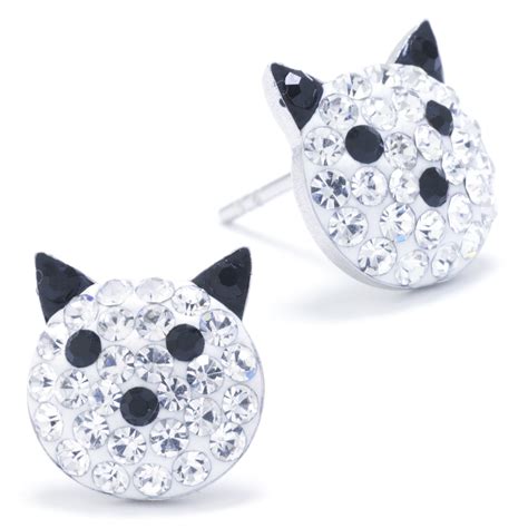 Marisol And Poppy Fine Sterling Silver Pave Crystal Cat Face Stud