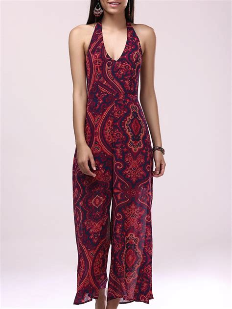 17 Off 2021 Casual Backless Printing Halter Bohemian Jumpsuit For