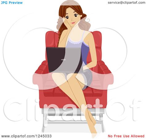 clipart of a brunette teenage girl using a laptop in a chair royalty free vector illustration