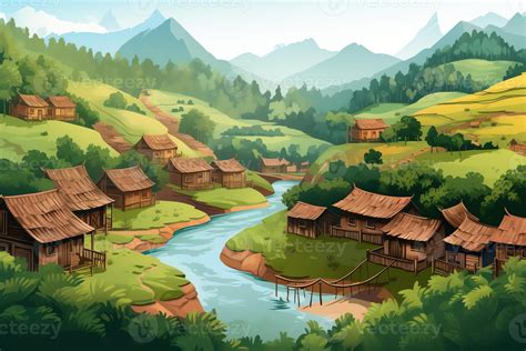 Natural Village Scene With Greenery Rivers And Rural Indian Houses