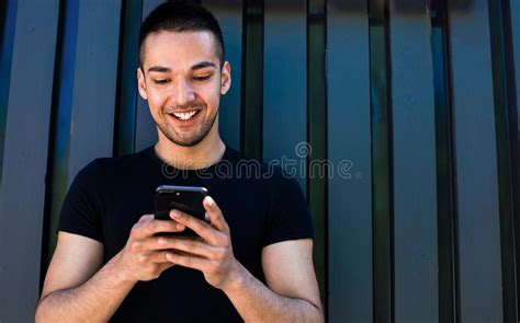 Cheerful Asian Man Using Messenger Stock Photo Image Of Chatting