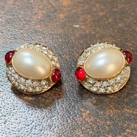 Carolee Pearl Rhinestone Crystal Gold Clip On Earrings Etsy Etsy