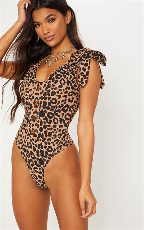 tan leopard print tie detail bodysuit tops prettylittlething leopard print leopard print