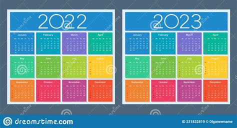 Colorful Calendar For 2022 And 2023 Years Week Starts On Sunday Stock