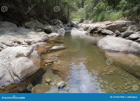 Tributary With Clear Water And Rocky Bottom Flowing Into Larger River