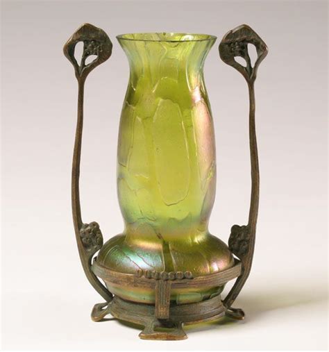 Loetz European Carved Iridescent Bulbous Art Glass Form Mounted In Art Nouveau Bronze Stand
