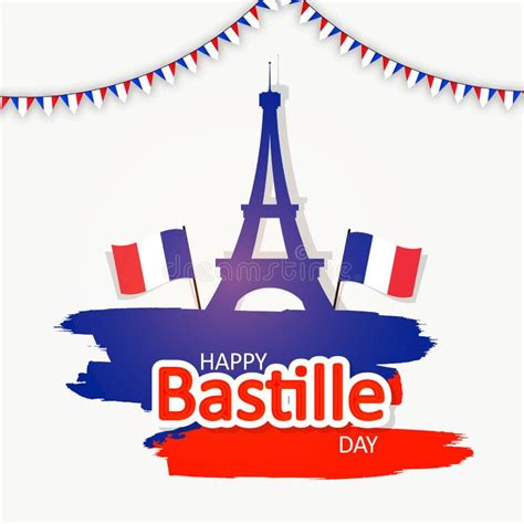 Happy Bastille Day With Shiny Eiffel Tower And Flags Poster Or Banner