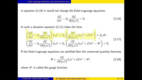 Derivation Of Euler Lagrange Equations Conservation Laws And The