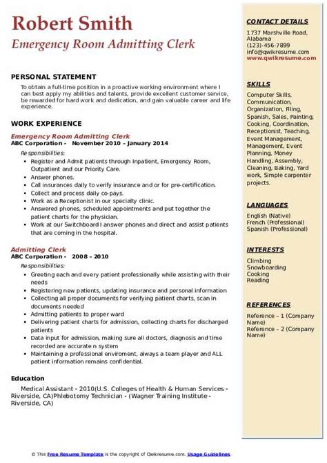 Laboratory activities, computer operations, research managers may note that similar procedures can be set up to facilitate response to an emergency situation occurring in field operations and other. Admitting Clerk Resume Samples | QwikResume