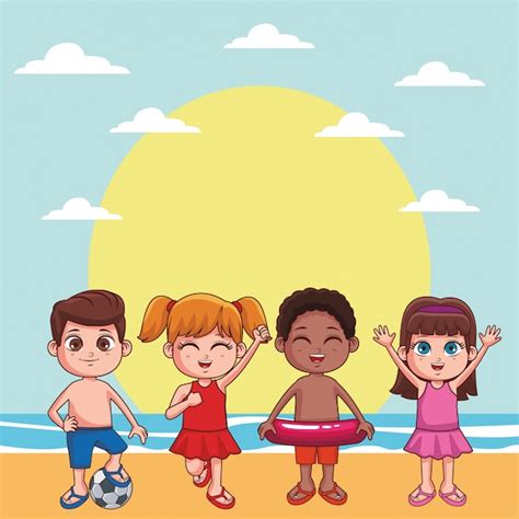 Dibujos Animados De Niños De Verano Vector Premium