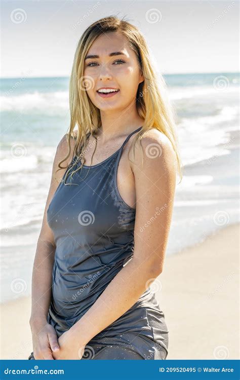 Beautiful Blonde Model Poses On A Beach Alone Stock Image Image Of Leisure Holiday 209520495