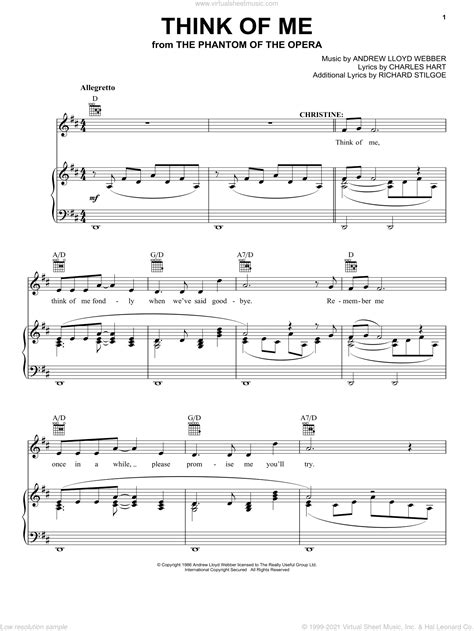 Phantom of the opera sheet music pianovocalguitar sheet music by andrew lloyd webber. Webber - Think Of Me sheet music for voice, piano or guitar PDF