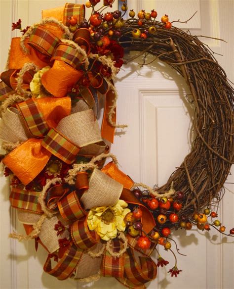 Rustic Fall Grapevine Wreath With Bows Berries And Flowers