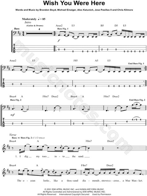 Incubus Wish You Were Here Bass Tab In B Minor Download And Print Sku Mn0121066