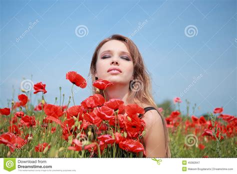 Beautiful Girl In The Poppy Field Black Dress Stock Image Image Of Blue Meadow 45082847