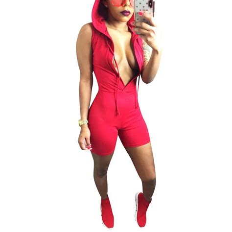 Sexy Deep V Neck Playsuits Jumpsuits Female Solid Summer Sleeveless Casual Hooded Rompers