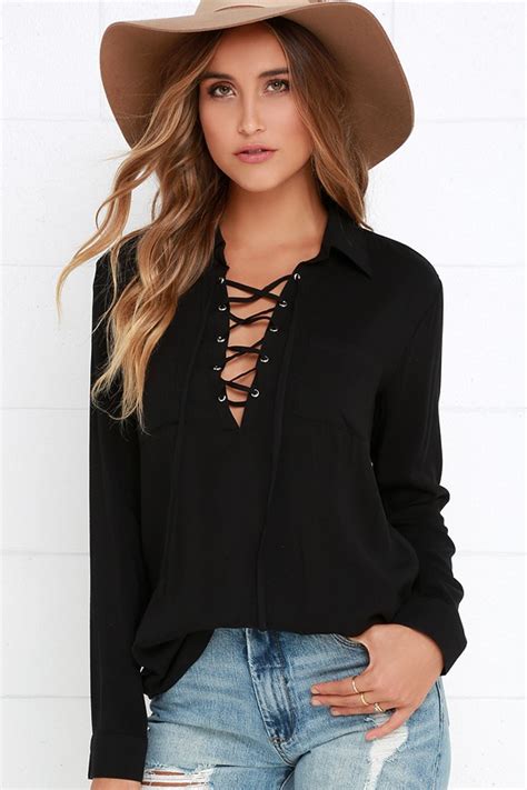 Lace Up Top Long Sleeve Top Black Shirt Black Blouse