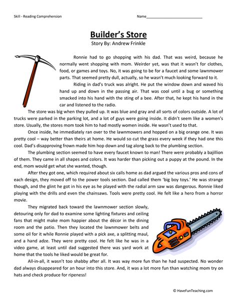 Builder's Store Reading Comprehension Worksheet • Have Fun Teaching