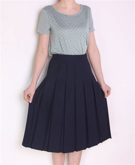 80s Pleated Navy Blue Midi Skirt Preppy Schoolgirl Long