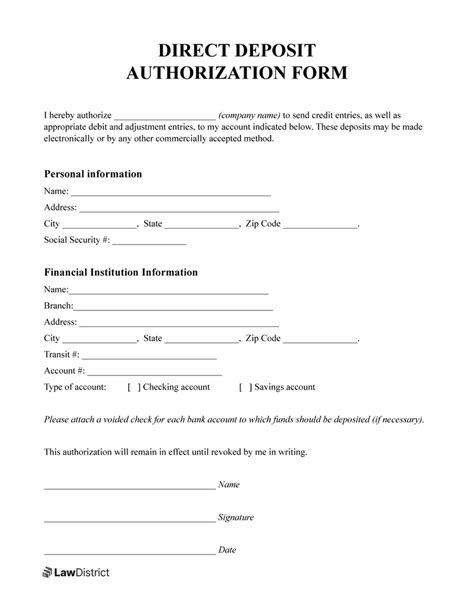 Direct Deposit Authorization Form Free PDF LawDistrict