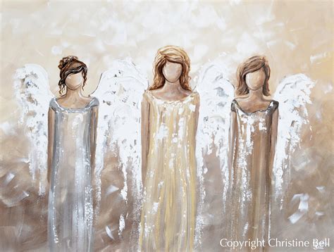 ORIGINAL Angel Painting 3 Guardian Angels Home Decor Neutral Wall Art - Contemporary Art by ...