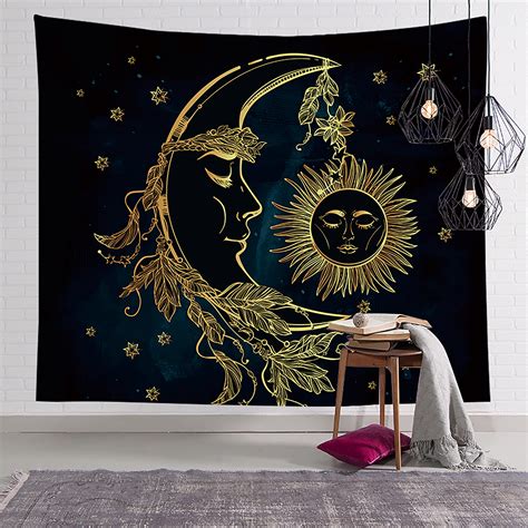 Psychedelic Sun And Moon Tapestry Burning Sun With Star Tapestry