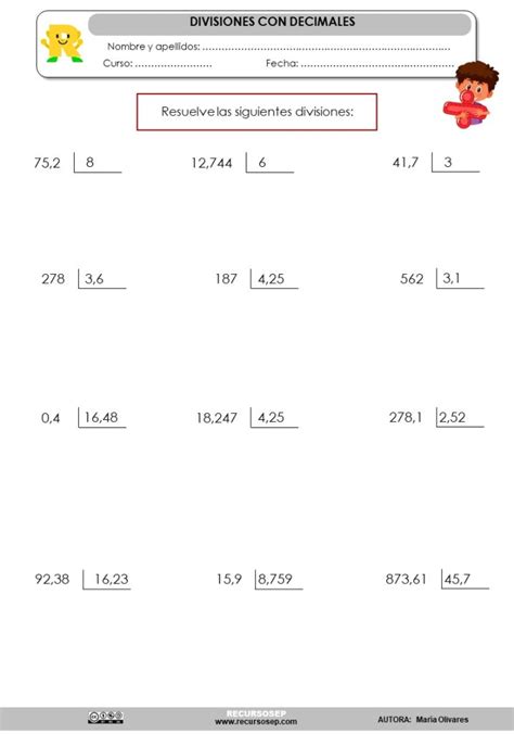 Ejercicios De Divisiones Con Decimales Para Imprimir