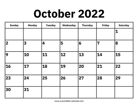 October 2022 Calendar A Printable Calendar