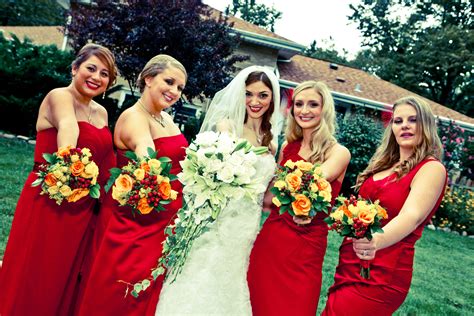 Bridesmaids All In Different Long Red Dresses They Chose Themselves