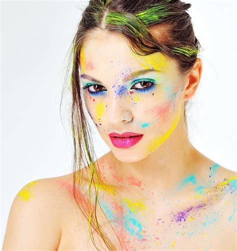 Beautiful Girl With Colorful Paint Splashes On Face Stock Image Image