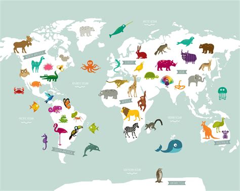 Animal World Map Poster Print Etsy