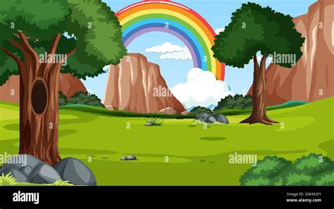 Nature Scene Background With Rainbow In The Sky Illustration Stock Vector Image Art Alamy