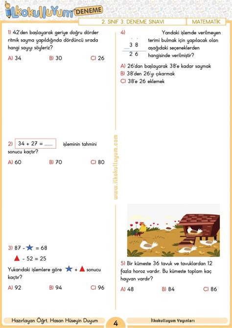 2. SINIF 3. DENEME SINAVI (ETKİLEŞİMLİ VE CEVAP ANAHTARLI) | İlkokulluyum