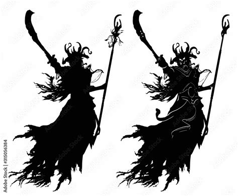 Fototapeta The Black Silhouette Of A Soaring Demon Of A Sorcerer With A