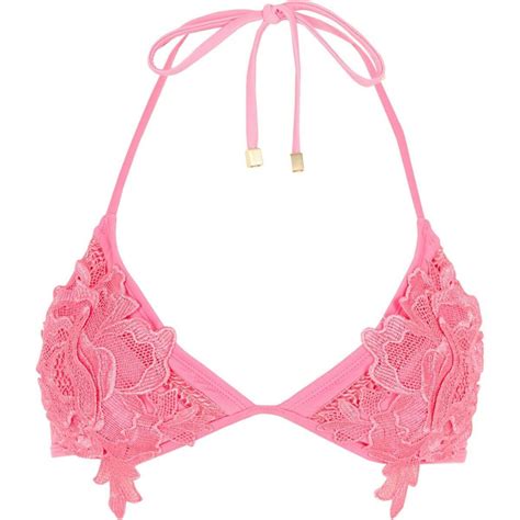 Pink Flower Applique Triangle Bikini Top