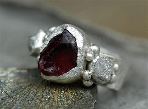 Raw Garnet And Sterling Silver Ring With Uncut Diamonds