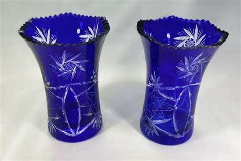 PAIR VINTAGE CZECH Bohemian Cobalt Blue Crystal Cut To Clear Vase