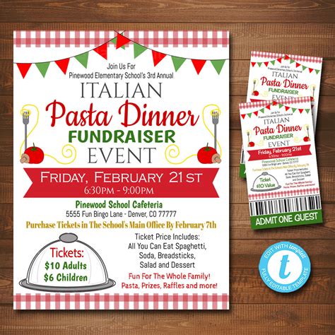 Spaghetti Dinner Fundraiser Flyer And Ticket Set Editable Template