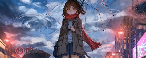 Download Wallpaper 2560x1024 Girl Umbrella Anime Rain