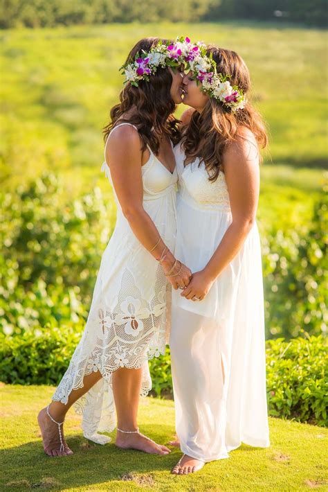 Tropical Lesbian Destination Wedding In Kauai Hawaii Filled With Colorful Flower Crowns Golden
