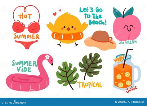 Hand Drawing Cartoon Cute Summer Element Sticker Set For Kids Stock